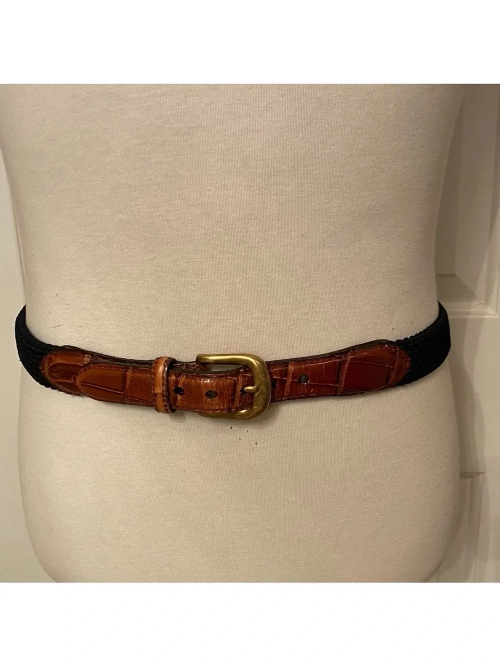 BRIGHTON MENS BELT NAVY BLUE BRAIDED CORD BROWN CROC LOOK LEATHER SIZE 36 USA
